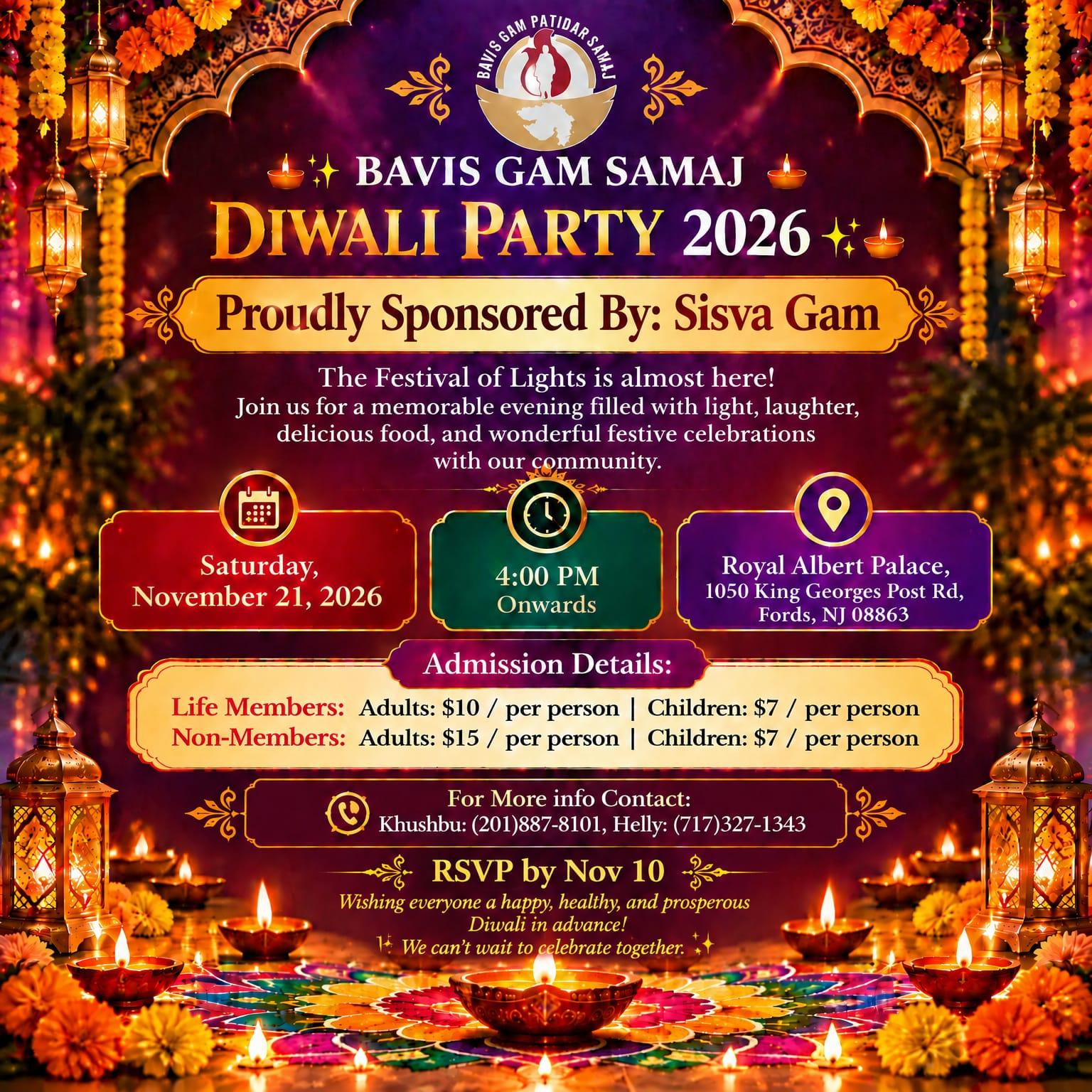 Bavis Gam Samaj Diwali Party 2026 invitation, proudly sponsored by Sisva Gam